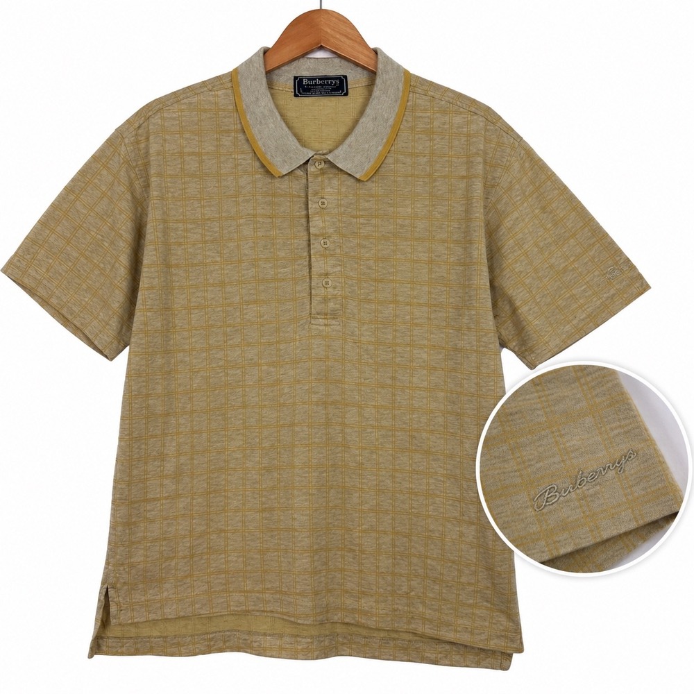 Vintage Burberrys Mens Large Polo Shirt Beige Check Made USA 100% Cotton
